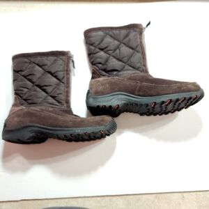 Women's Lands End Brown Suede Leather Quilted Boots Fleece Lining Sz 7.5 Medium